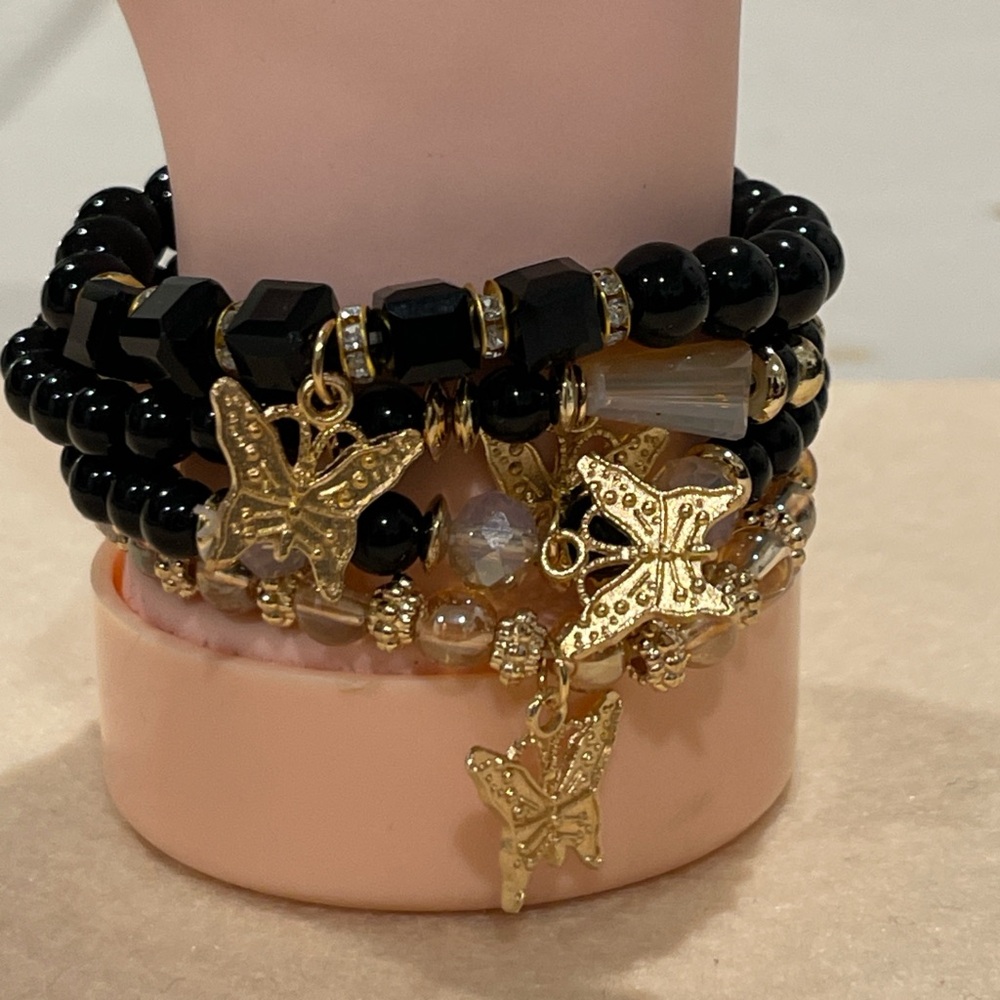 Gold and Black Butterfly Charm Bracelet Set